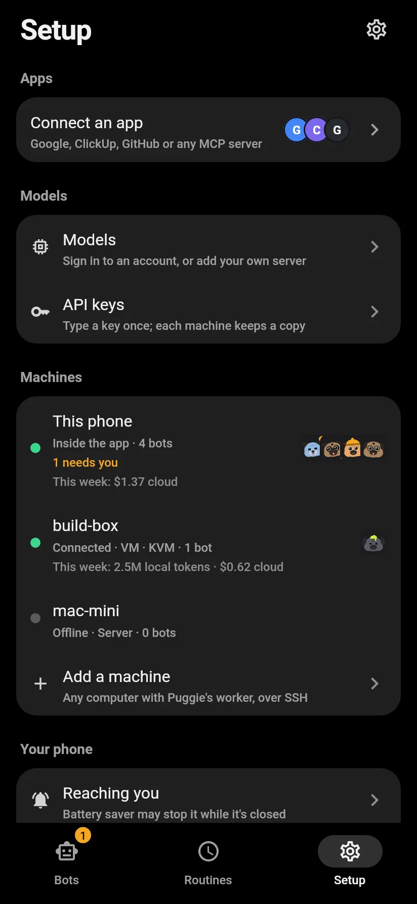 Setup screen listing this phone, a VM and a Mac mini
