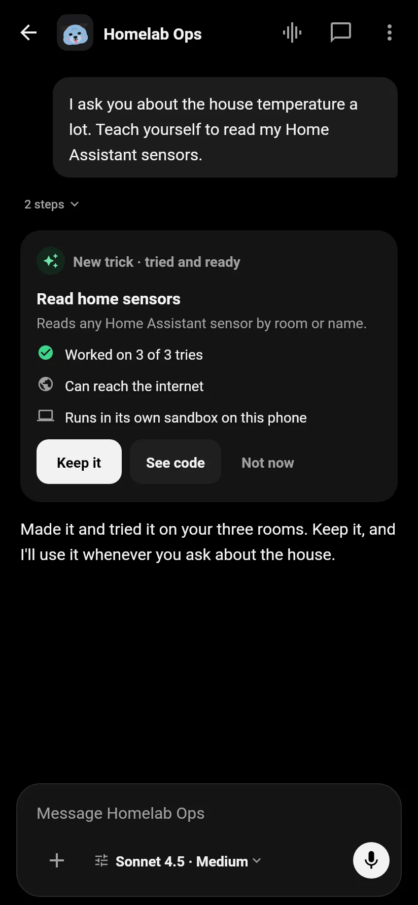 A trick a bot wrote, tried on three real inputs, with Keep it and See code